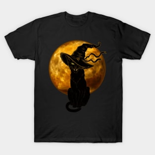 Beautiful Halloween Black Cat with Witch Hat and Full Moon T-Shirt